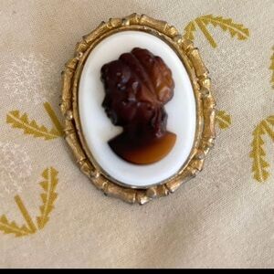 Vintage cameo faux tortoiseshell brooch with gold bamboo detail frame.